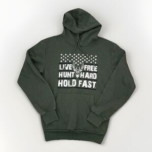 Hold Fast Mens S Sweatshirt Live Free Hunt Hard Hoodie Green Hunting USA Pocket